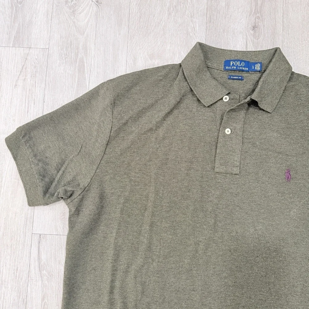 Polo Ralph Lauren Mens L Classic Fit Polo Shirt Olive Green Purple Pony Cotton